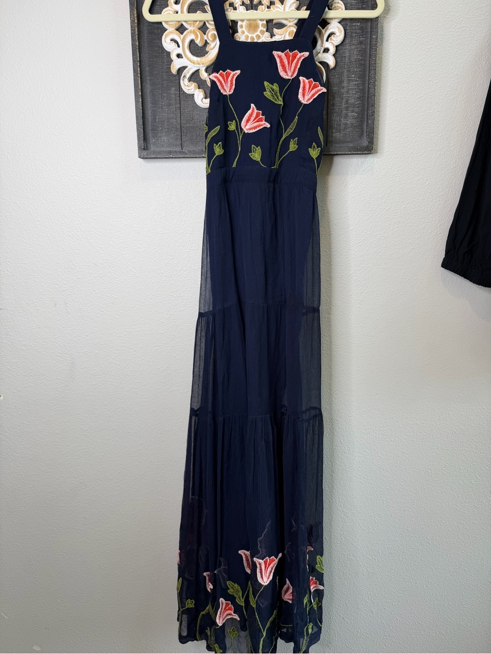 Floreat Navy Maxi Dress with Pink Floral Embroidery